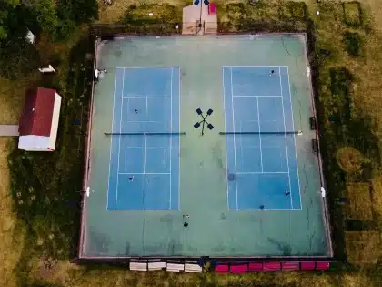 Tennisspelare i full sving på gräsbana under match med fullsatt stadion i bakgrunden